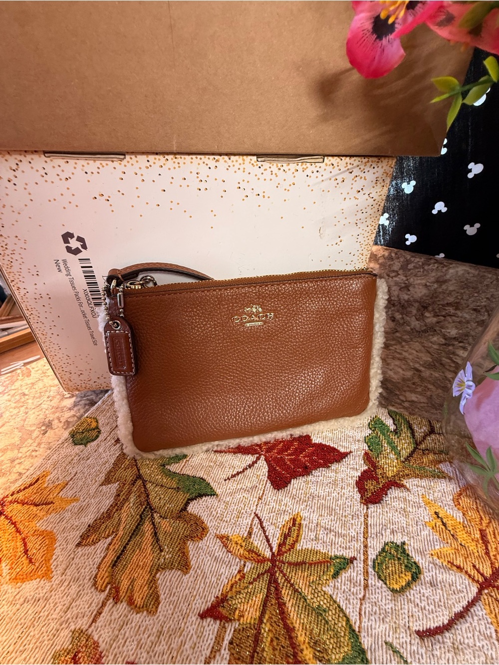 Coach Brown Leather Wristlet with Cream Shearling Trim